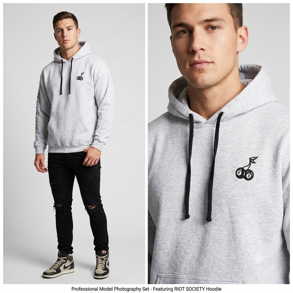 Riot Society Mens Hoodie Large Gray 8 Ball Cherry Graphic Embroidered Sweatshirt